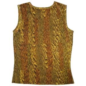 Tess Sleeveless‎ Pleated Top Gold Brown Abstract Print Women's Medium (R)